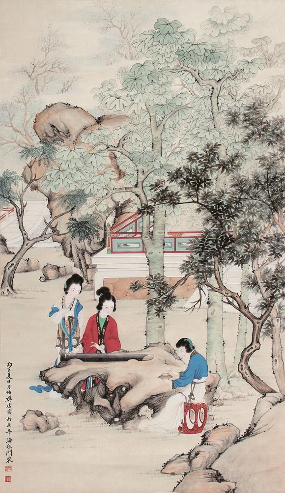 樊虚抚琴仕女图