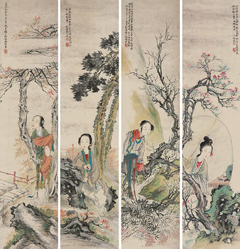 胡锡珪 人物四屏立轴