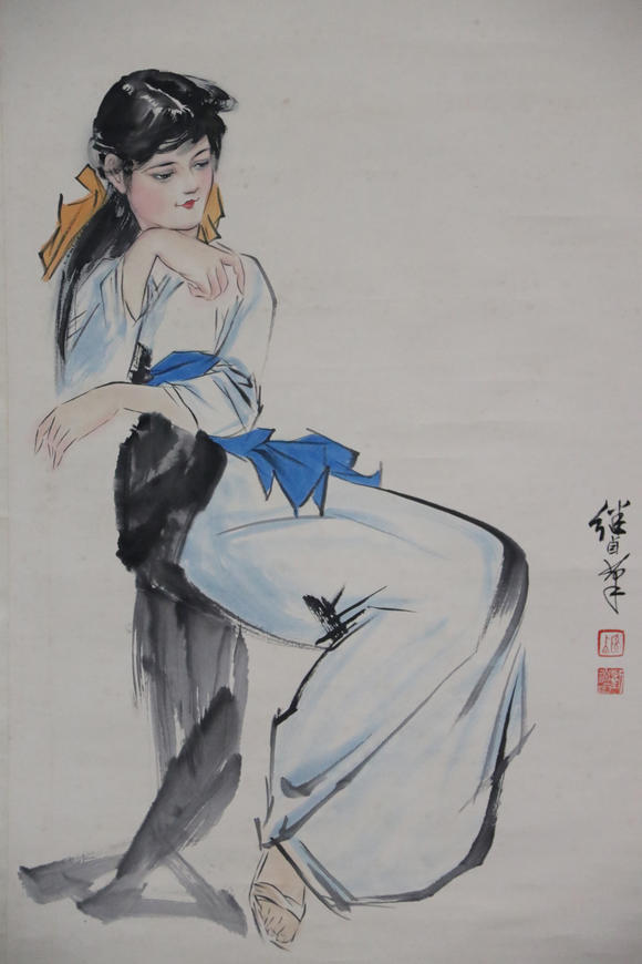 刘继卣四尺仕女立轴liujiyouinkandcoloronpaperpaintinglady