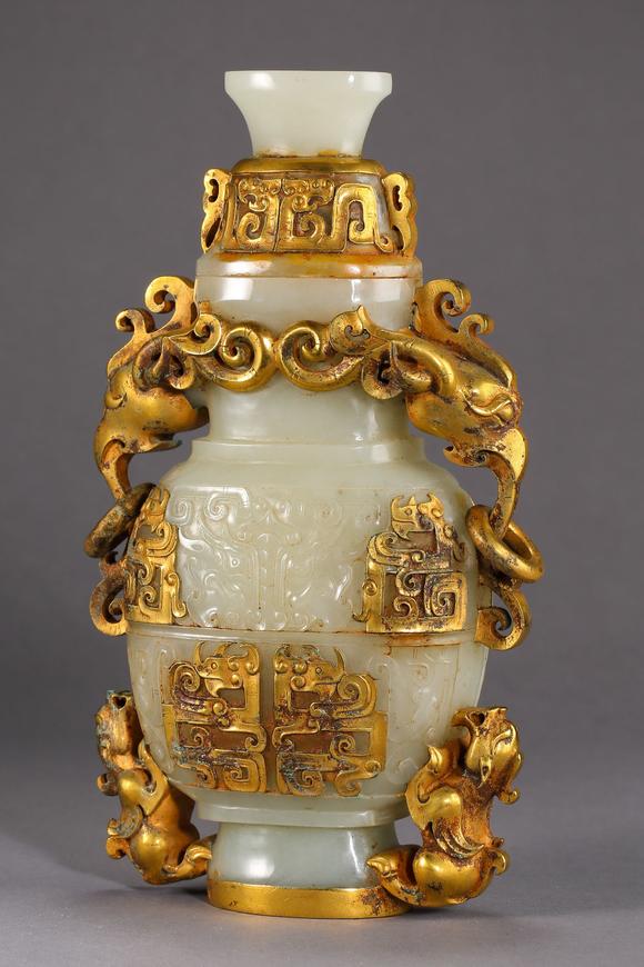 中国古代和田玉嵌金瓶ancientchinesehetianjadeinlaidgoldbottle